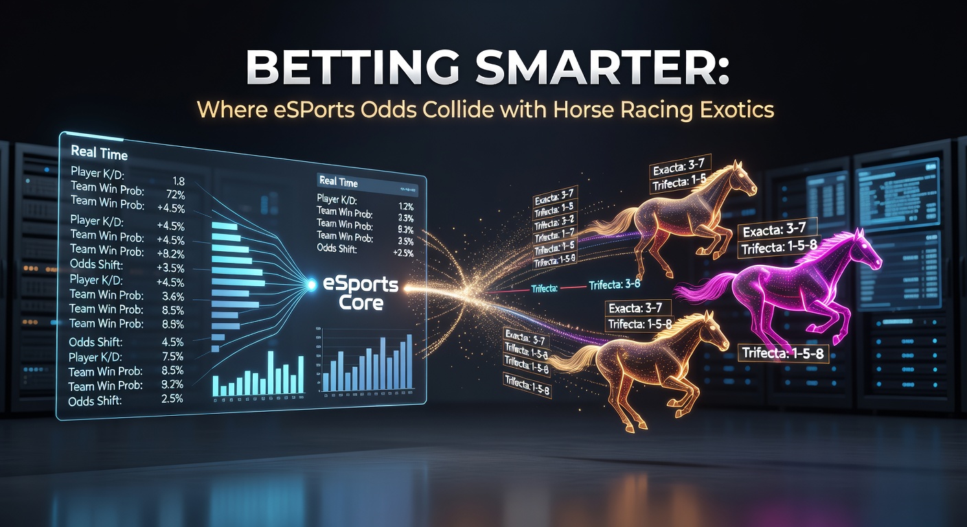 Dynamic eSports betting dashboard showing live odds next to a horse racing exotic bet payout chart, highlighting convergence in modern wagering strategies