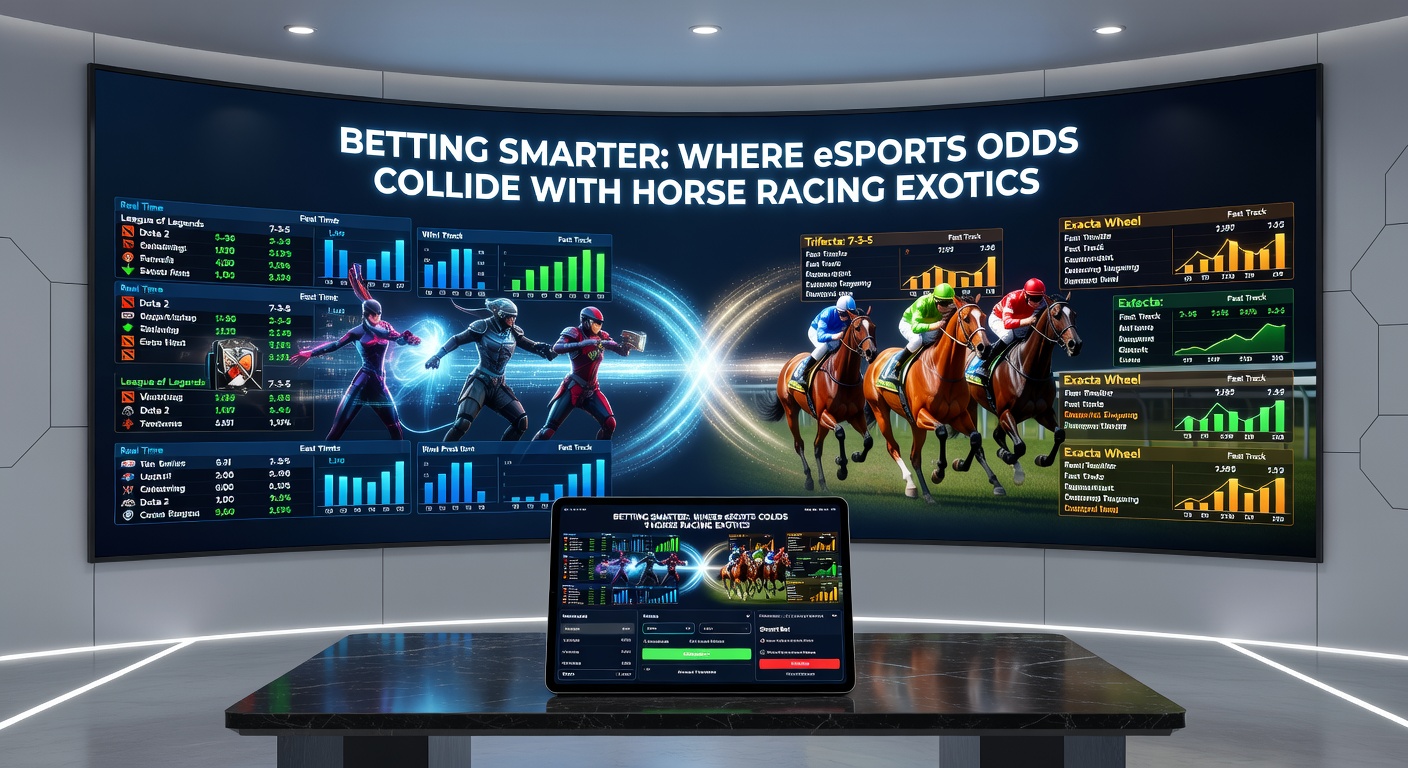 Split-view of a horse racing trifecta bet slip alongside live eSports odds for a major tournament final, illustrating strategic overlaps in odds analysis