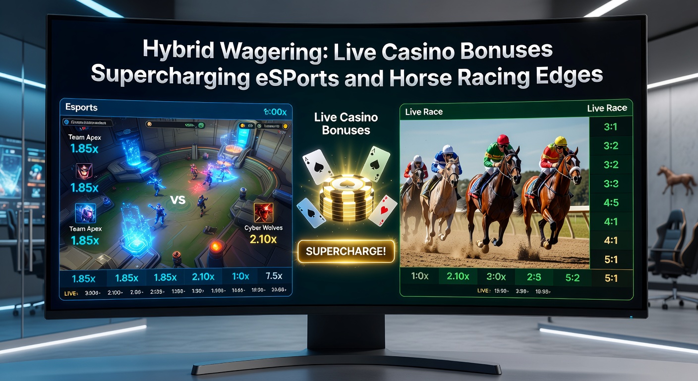 Split-screen view showing a live baccarat table feeding bonuses into an eSports betting slip overlaid on a horse racing form guide