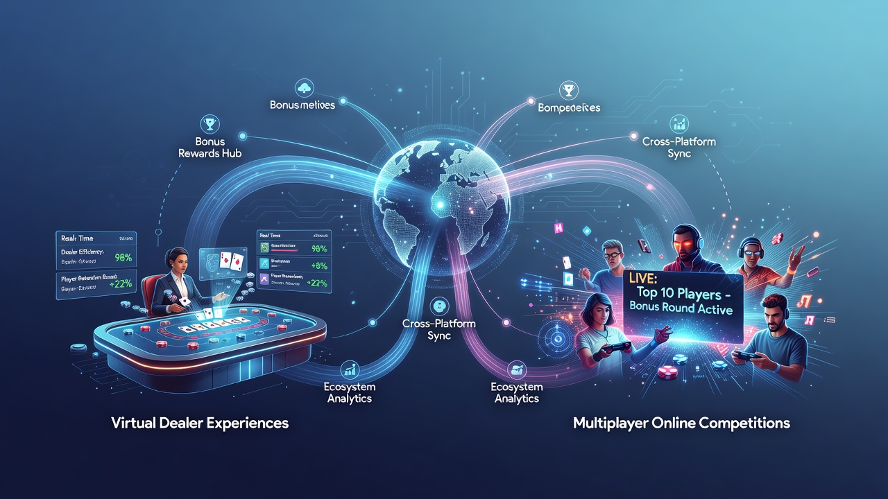 Virtual dealer interfaces connecting with multiplayer competition platforms through shared bonus systems