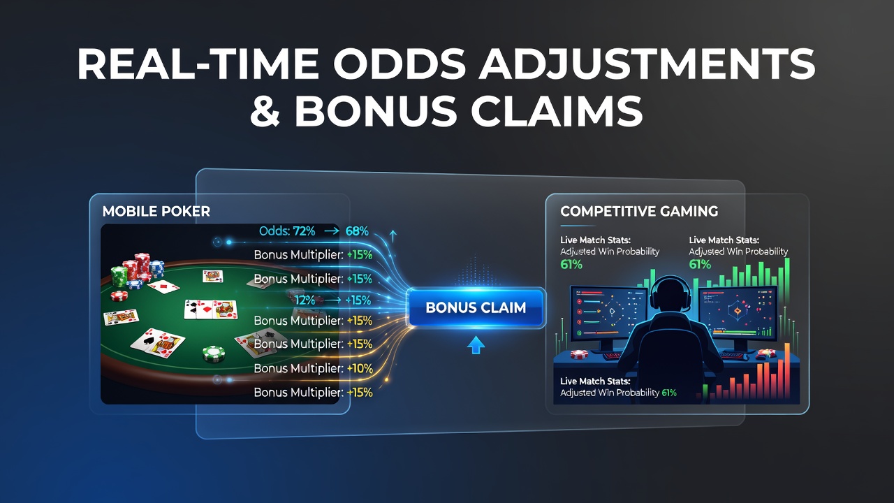 Mobile poker interface displaying live odds adjustments during a tournament match