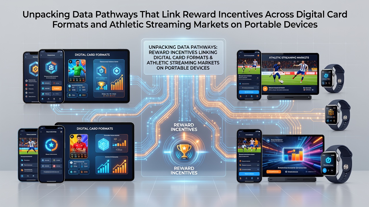 Data integration pathways visualized on mobile device screens showing card game rewards and sports streaming interfaces